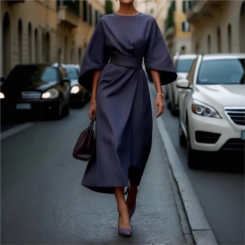 Oansatz Sieben-viertel Hülse Taille Jahrgang Kleid Für Frauen Elegante Einfarbig Temperament Fledermaus Hülse lässig Kleid weibliche