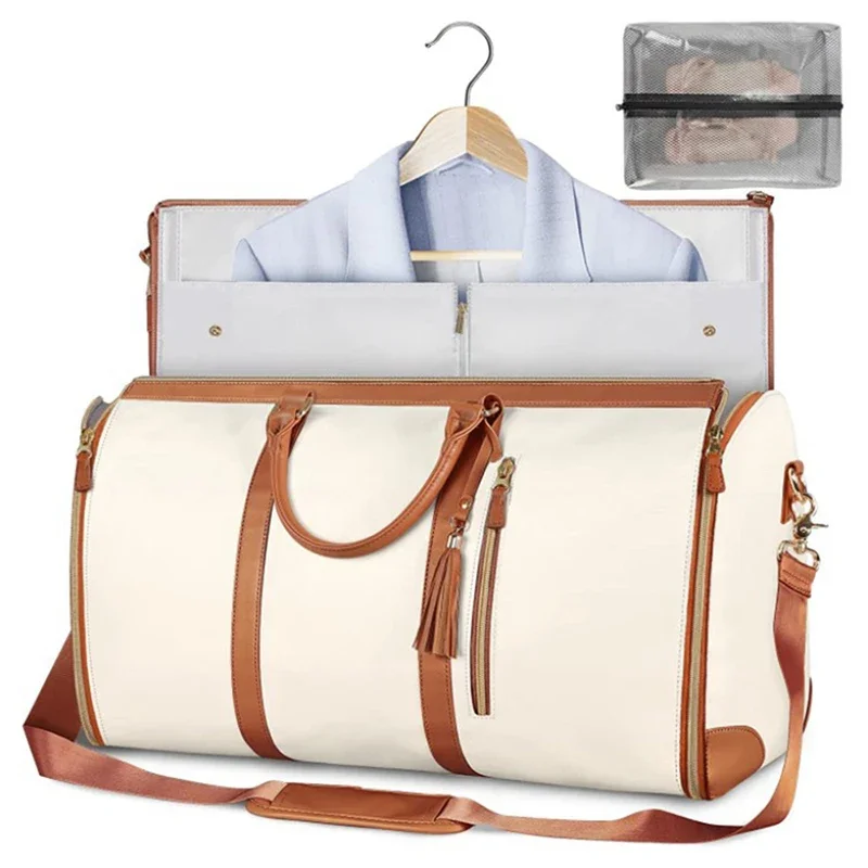 2024 Große PU Falten Anzug Lagerung Tasche Frauen Hohe Kapazität Gepäck Handtasche Reise Sport draussen Multi Funktion Organizer: Beige