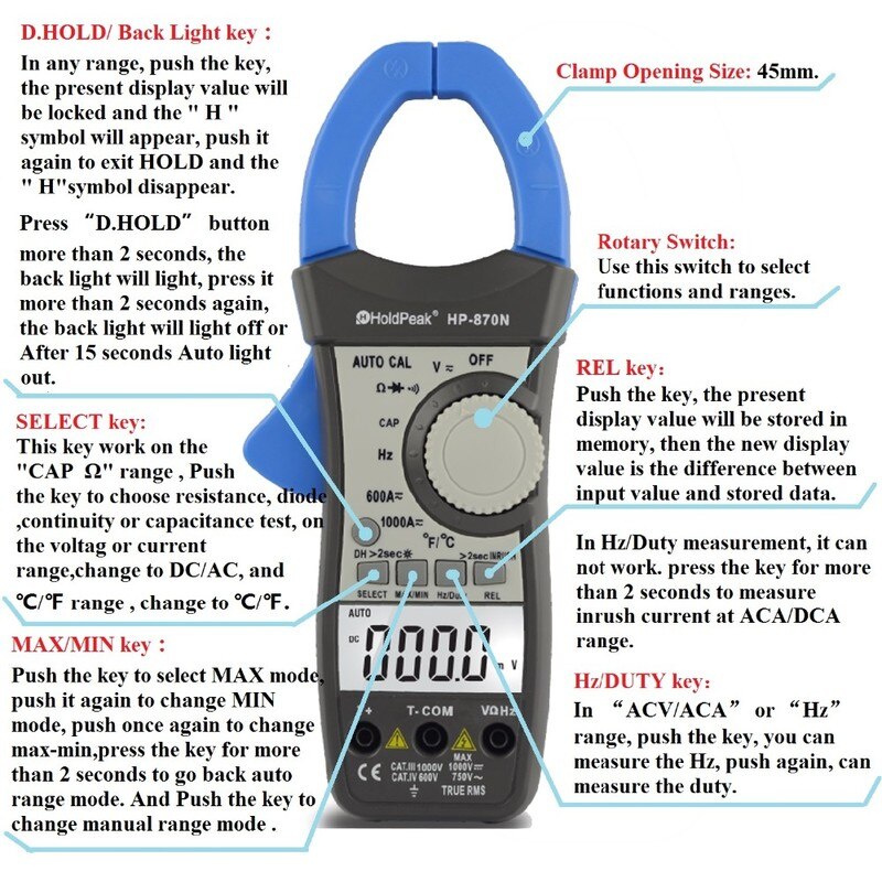 Multimeter fluke,smart ,smart,digital multimeter tester,electrical testers HoldPeak HP-870N Auto Range DC AC Digital Clamp Meter