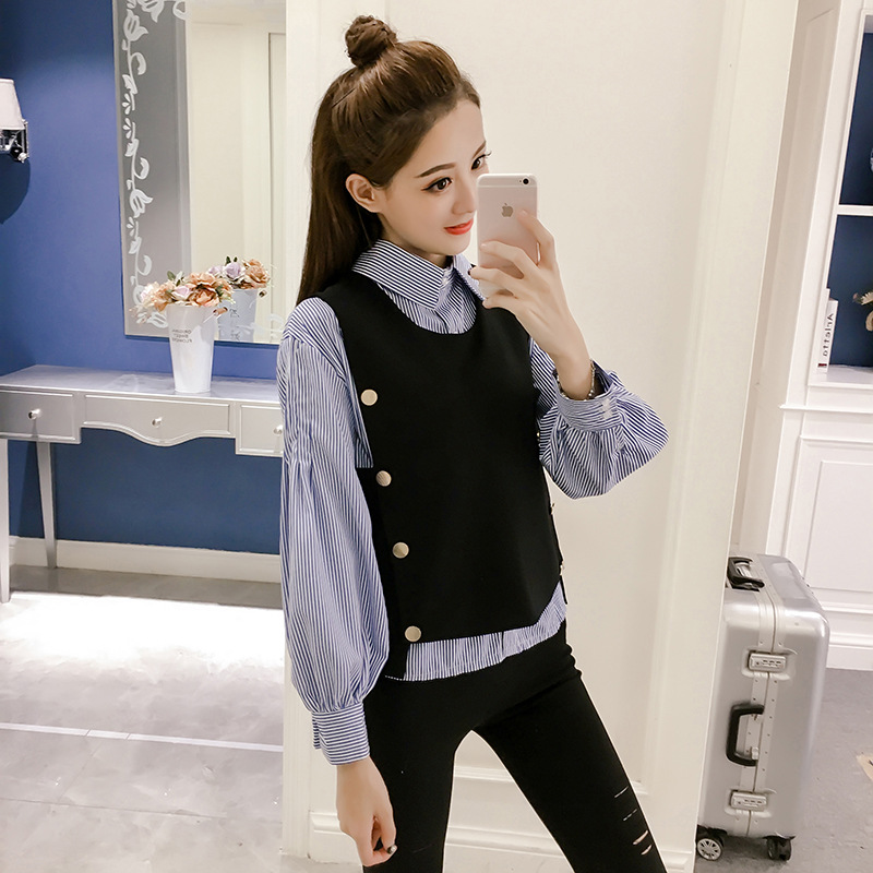 Neploe primavera para mujer a rayas camisa de manga larga y chaleco dos piezas mujeres Blusa de manga larga Chaleco Corto establece 66369