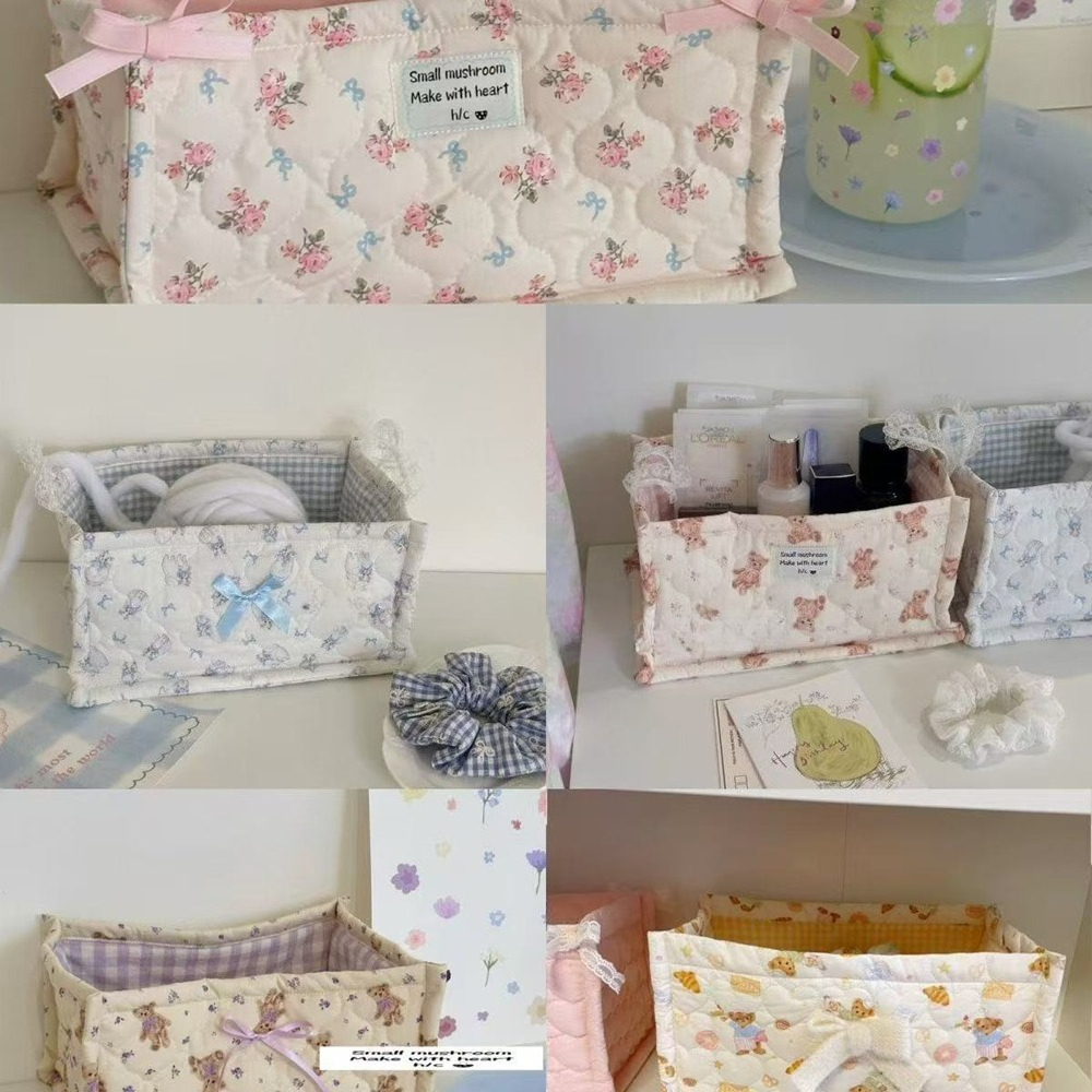 Square Storage Basket Lace Flower Desktop Organizer Storage Basket Korean Quilted Storage Basket Cute Storage Frame Home Decorat