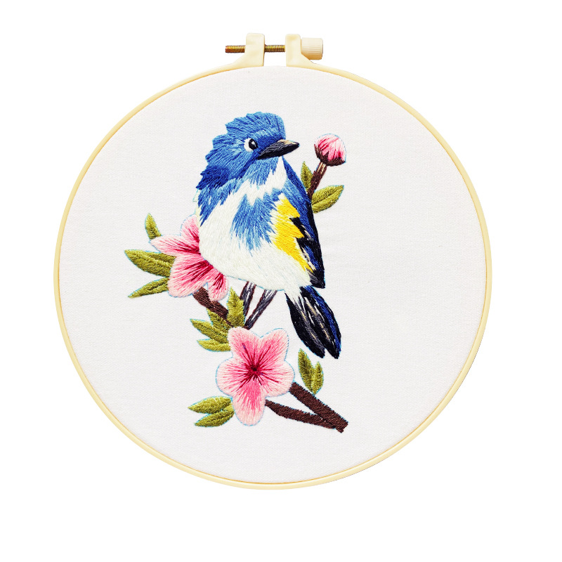 Blue Sparrow Embroidery Kit DIY Needlework Hummingbird Pattern Needlecraft for Beginner Cross Stitch(With Hoop): A
