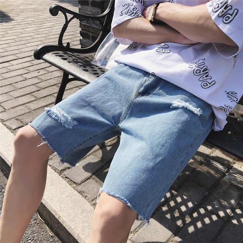 Harajuku sommer menn fritidsshorts denim herre kort hull rett løs tynn knapplomme mannlig koreansk stil trendy