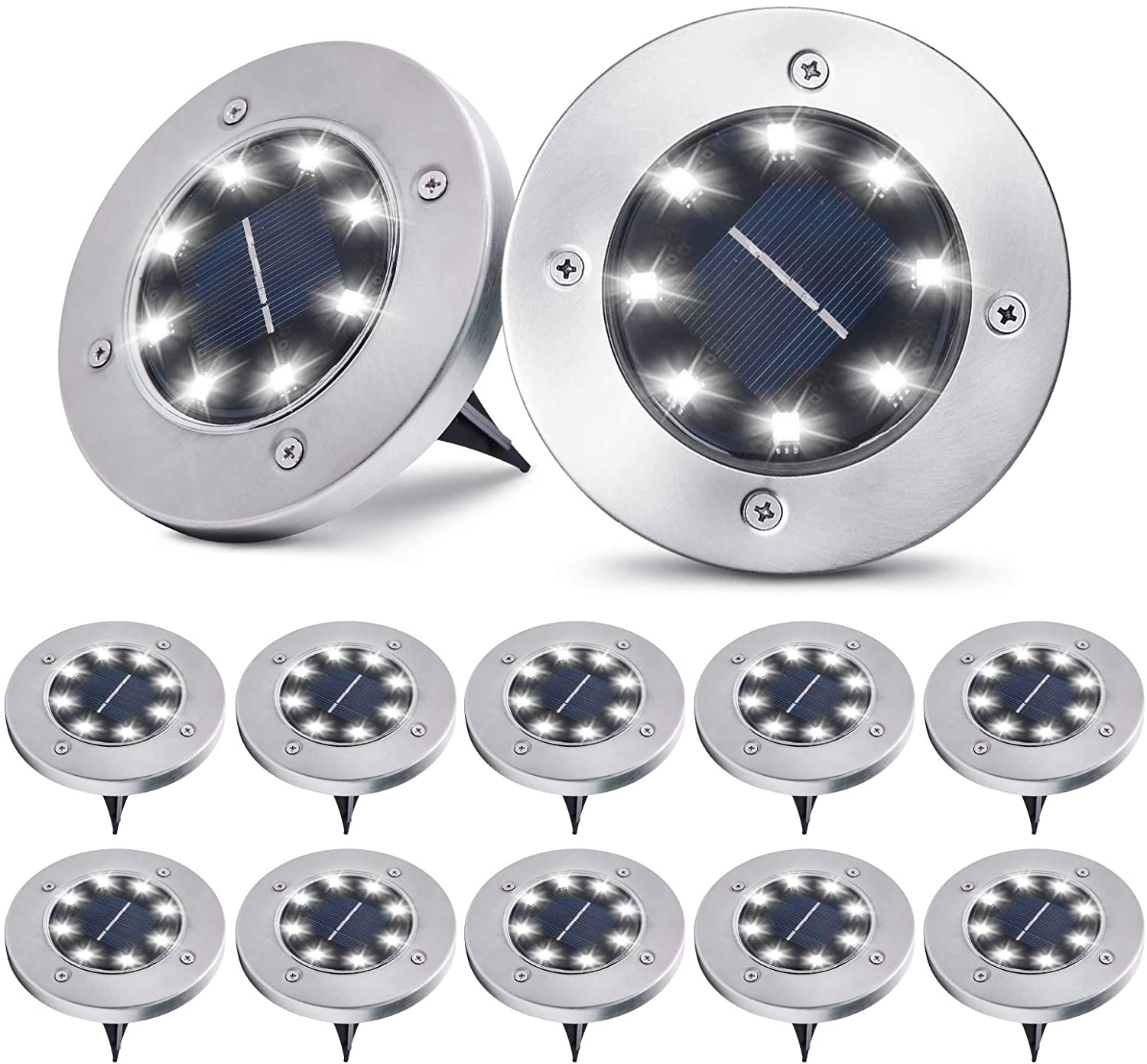 12Pack Solar Powered Ground Light Waterproof Garden Pathway Deck Lights With 8/12/16/20 LEDs Solar Lamp for Yard Driveway Lawn: 8LEDS / White