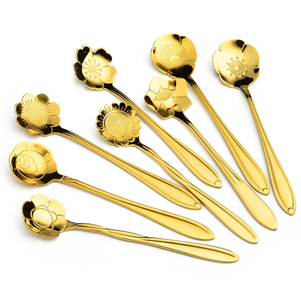 8 Pieces/Set Flower Shaped Spoon Dessert Coffee Stirring Scoop Long Handle Mini Dessert Spoons Tableware Decor