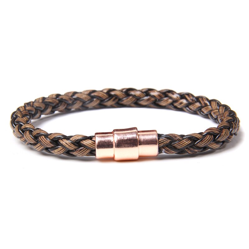 Bracelet tressé en bambou brun pour hommes, bijoux en acier inoxydable, fait à la main, avec boucle magnétique, Bracelet à breloques, pour hommes: Rose Gold / 17CM