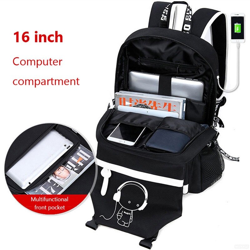 USB musique lumineux cartable unisexe pour adolescents sac à dos à sac d'école étudiant livre sac pour garçons filles