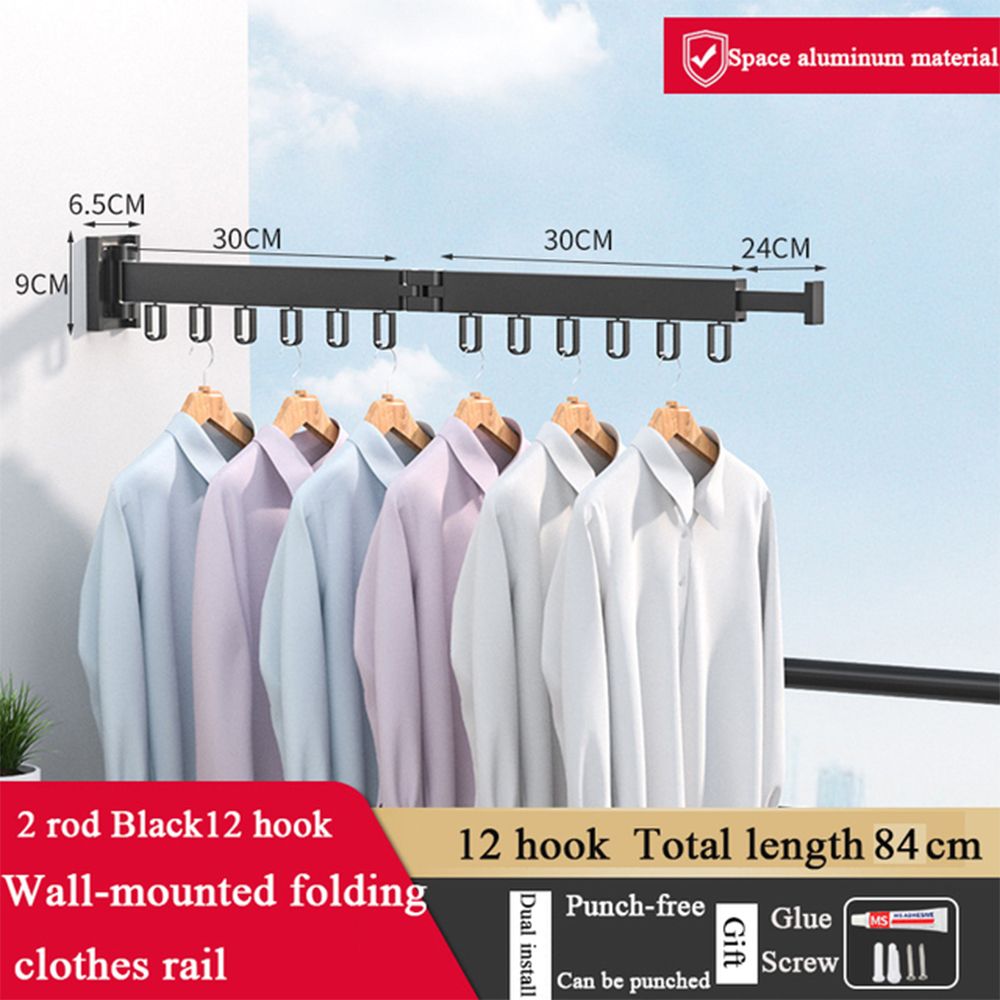 Retractable Folding Clothes Hanger Wall Mount Cloth Drying Rack Home Clothesline Indoor Outdoor Space Saving Clothesline: 2