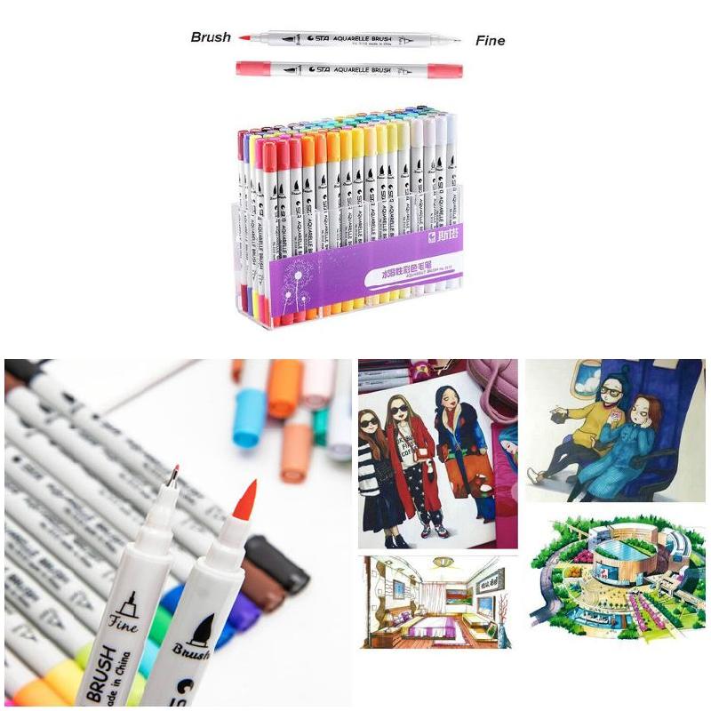 2 stk penselpenner med to spisser 0.4 fine liners pensel highlighter maling vannfarge penn 112