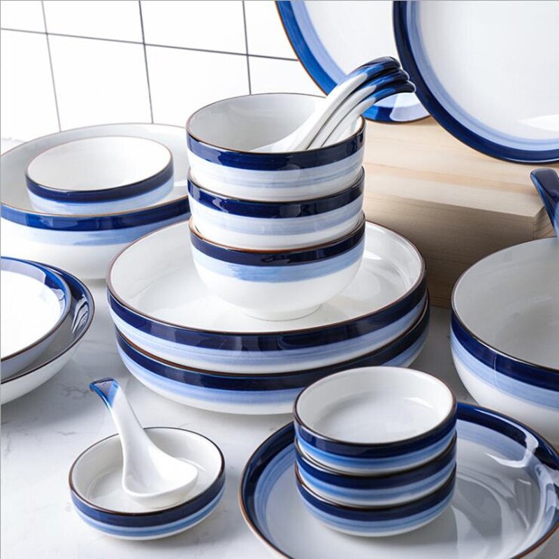 Assiette de cuisine en céramique | Assiette à dîner, dégradé bleu service de table, plats alimentaires, riz salade nouilles bol soupe outil de cuisine 1 pièce