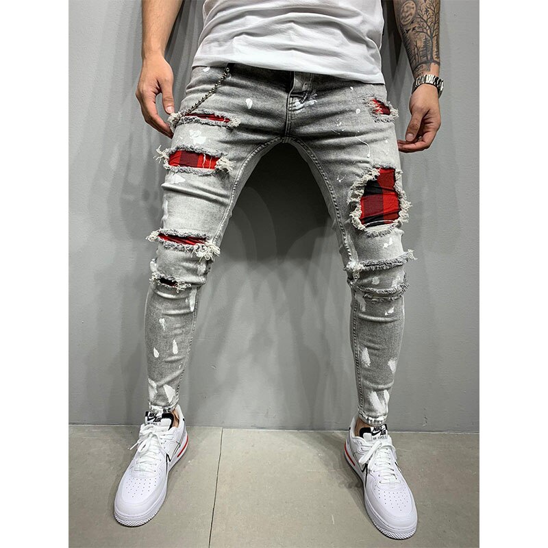 See zerrissene Jeans männer schlank passen Dünne Jeans Hüfte hüpfen Streetwear Patchwork Jeans Elastizität gotisch hosen männer: grau / M