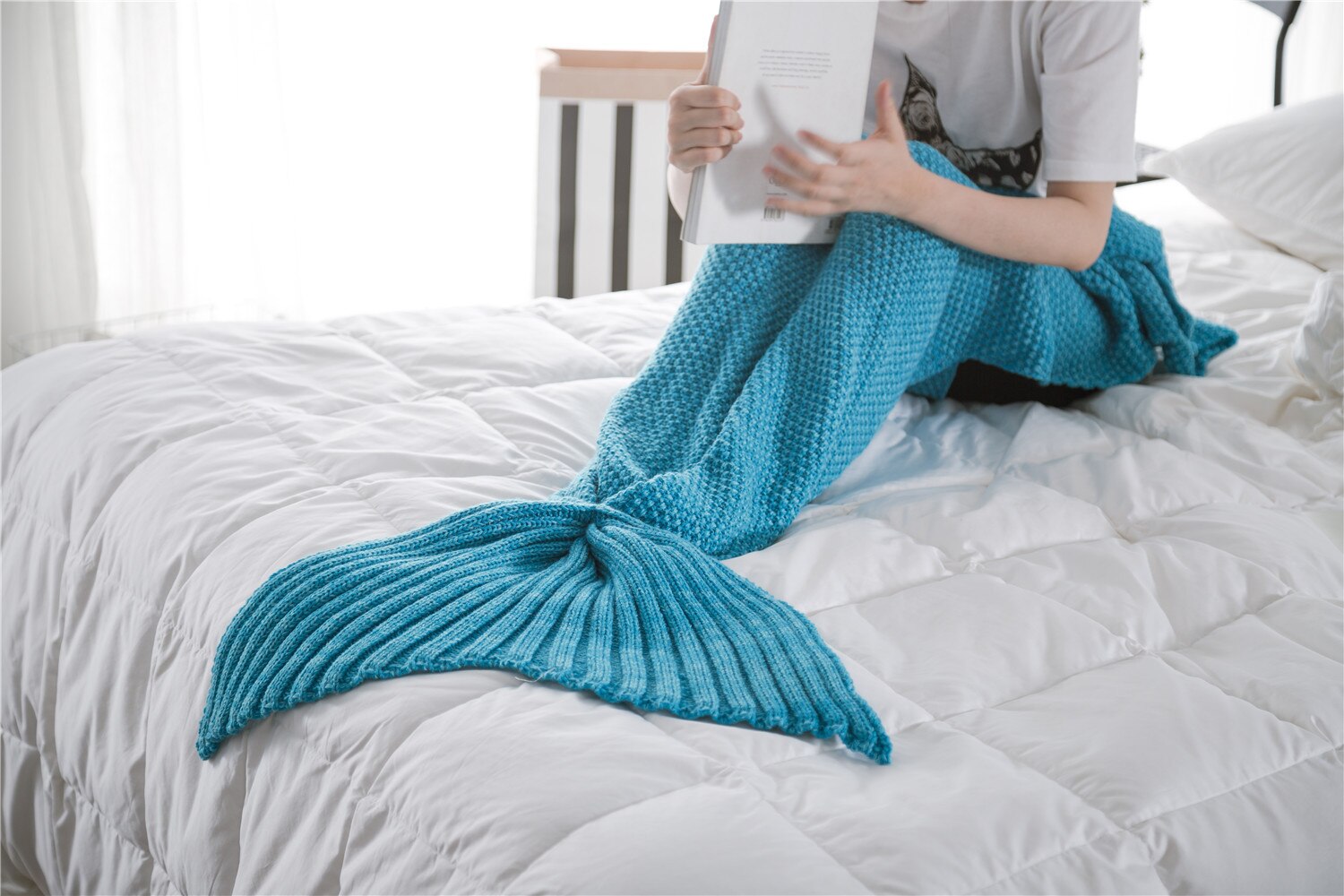 Manta de cola de sirena hilo de punto de ganchillo hecho a mano Memaid manta de los niños a la cama de Super sueño reparador cama: lake blue / 50x90cm