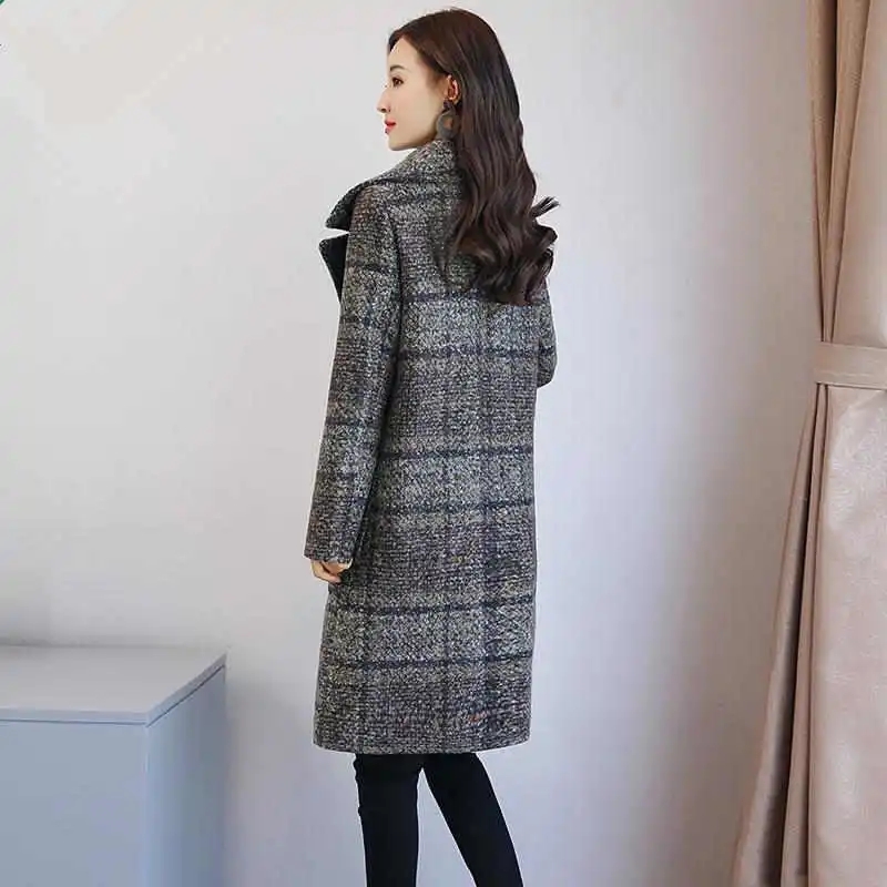 Manteau en laine pour femme, pardessus en treillis, grande taille, Long, décontracté, automne hiver