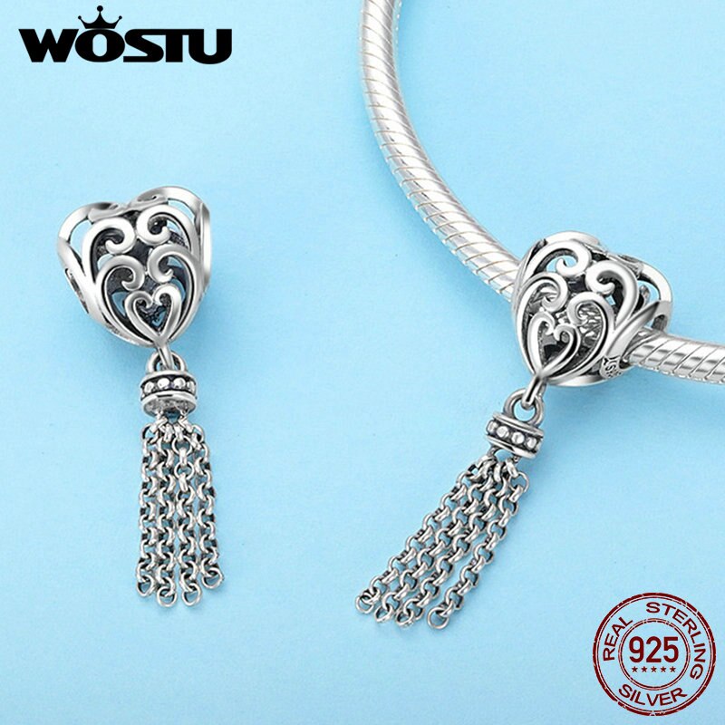 Wostu 2019 nova chegada 925 prata esterlina encantado coração borla charme caber original diy grânulo pulseira jóias presente fic722
