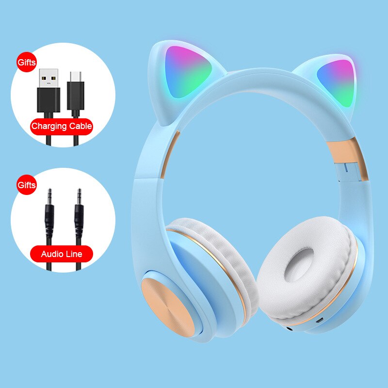 RGB flash light cute cat ear wireless headphones noise reduction headset Bluetooth children's headset with microphone for phone: blue