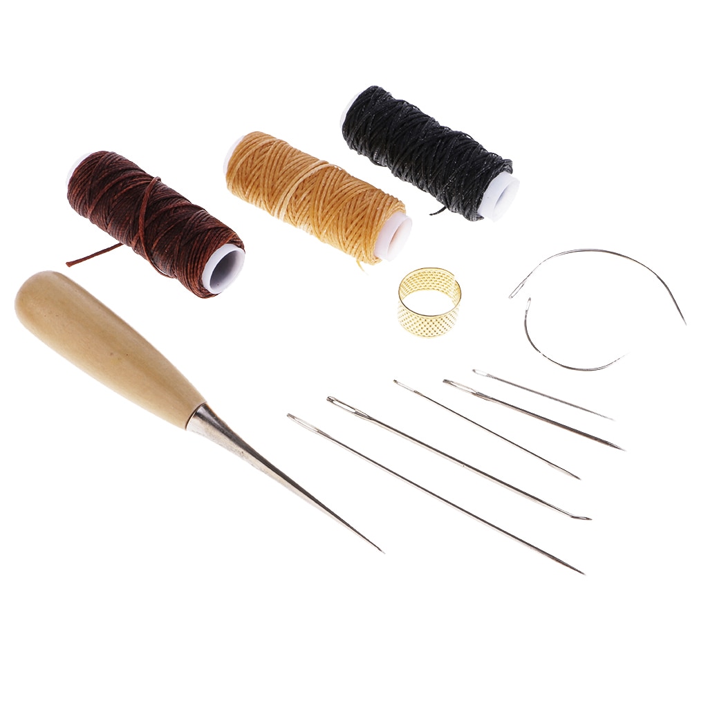 12 stk / sæt diy læder håndværk syning værktøj vokset tråd nåle boring syl