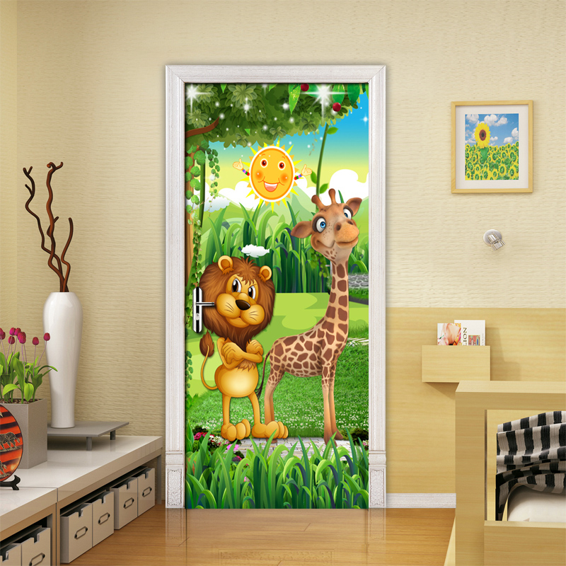 3D Bos Cartoon Dier Leeuw Giraffe Kinderkamer Kinderkamer Slaapkamer Deur Decoratie Sticker Muurschildering Behang Zelfklevende
