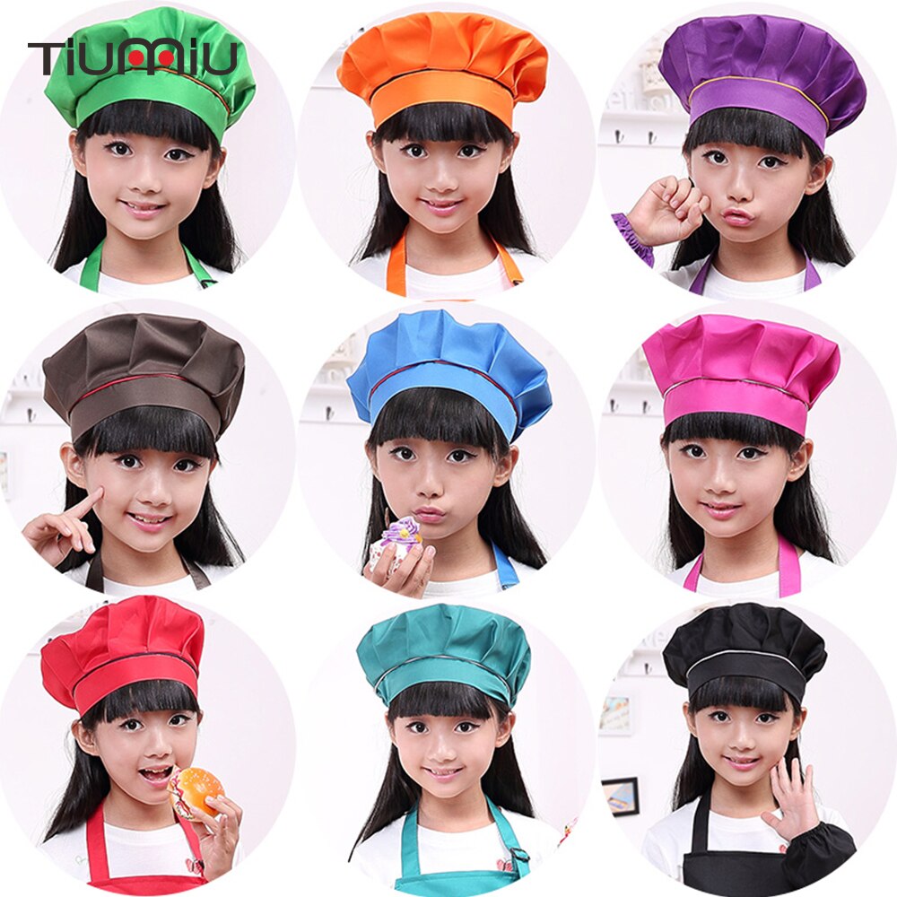 Kid Chef Hat Children's Baking Hat Cute Girls Boys Food Service Kitchen Work Caps Solid Pleated Top Painting Hats