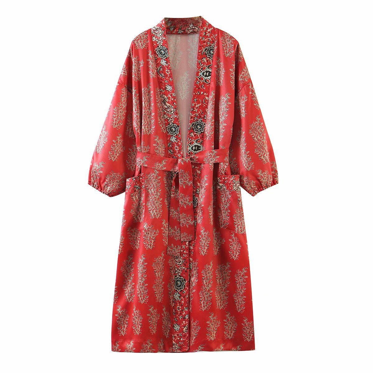 Ayualin lange ærmer kimono lange kjoler kvinder dækker vintage satin rød blomsterprint efterår vestidos boho side split robe: S