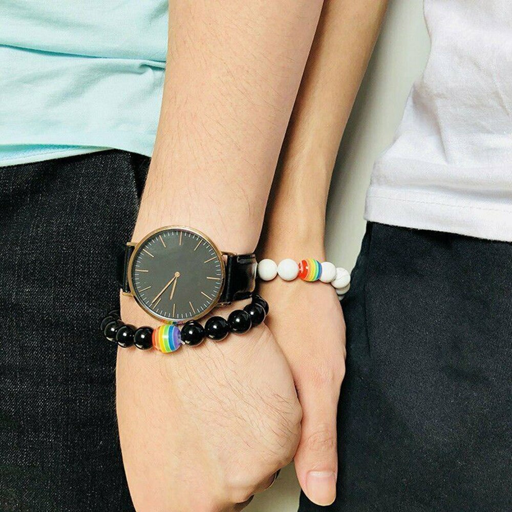 1Pc Women Men Rainbow Flag Ball Natural Stone Black Onyx Beads Bracelet June Pride LGBT GAY Couple Jewelry For Love men jewelry