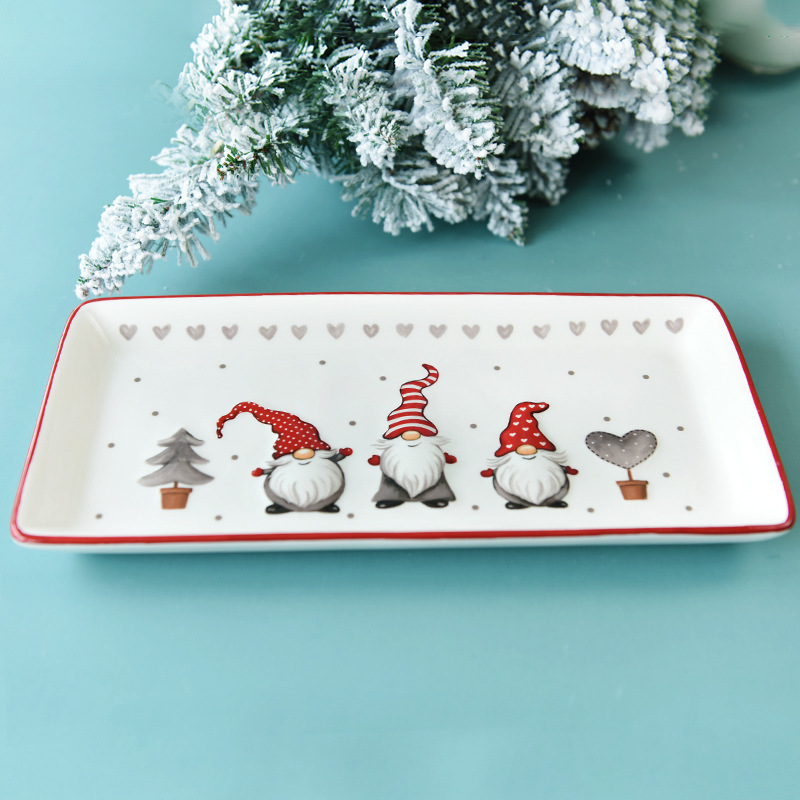 Nordic rectangular Christmas ceramic flat plate kitchen tableware embossed shallow plate western steak plate