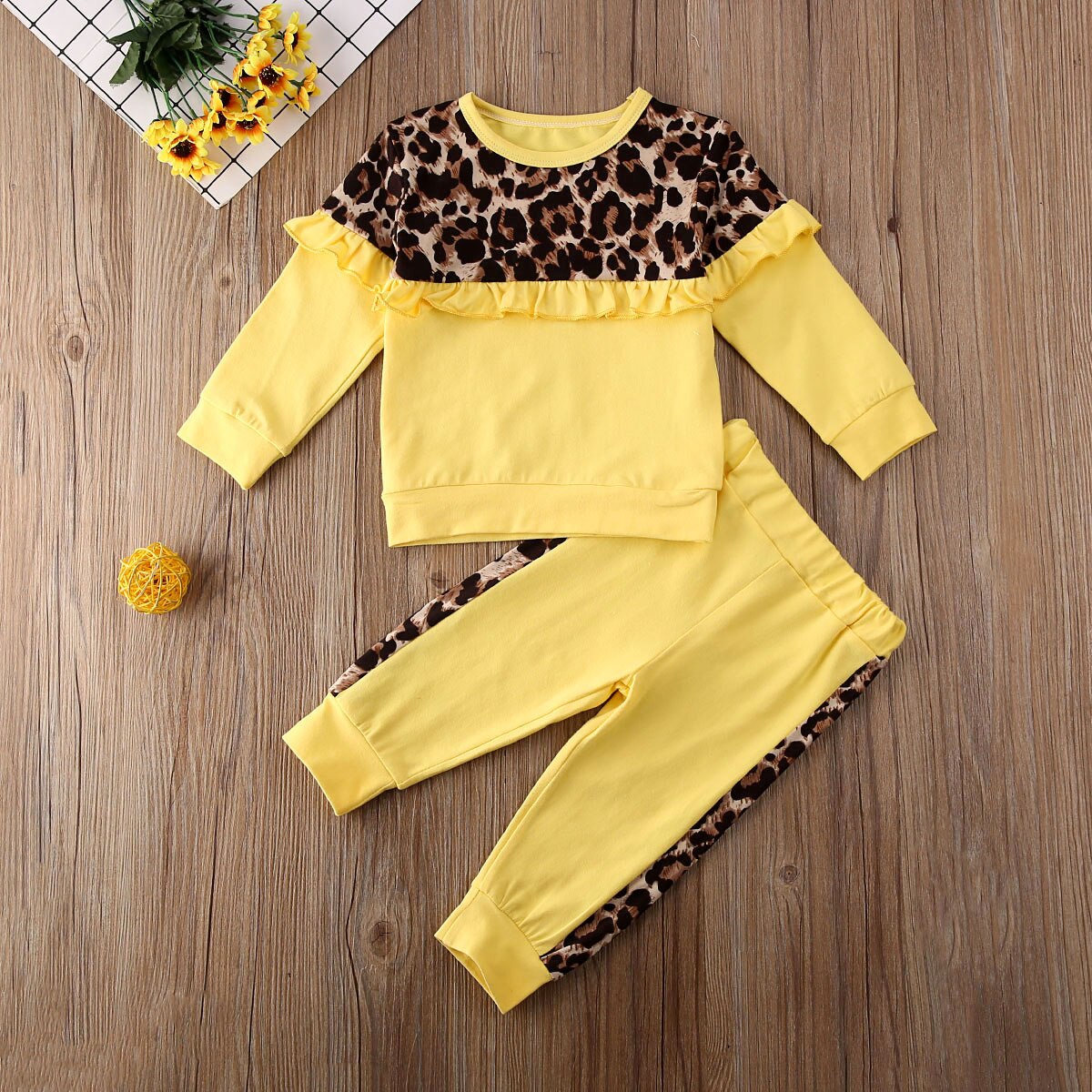 1-6Y Kids Baby Girl Autumn Clothes Sets Long Sleeve Leopard Print Pullover Ruffle Tops Leggings Pants Outfit Set