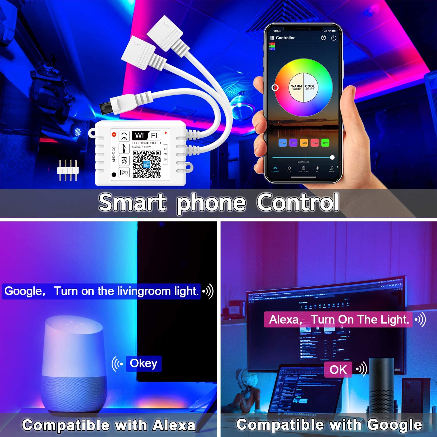 Smart WiFi LED Strip Light Controller, 2 in 1 DC5V-24V 6A with Remote, Compatible with Alexa Google Home and Siri