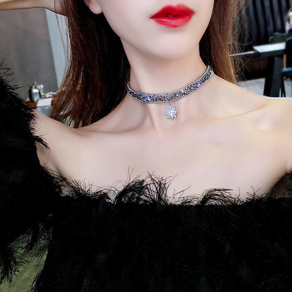Kristall Eis Blume Anhänger Halskette funkeln Einstellbare Metall Kette Frauen schick Punk Halsband Schlüsselbein Kette Hals Schmuck