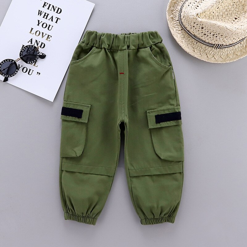 Calças de outono para meninos, calças de cor sólida com bolso e ferramentas fashion e bonito de 1-4 anos de idade: ArmyGreen / 24 m