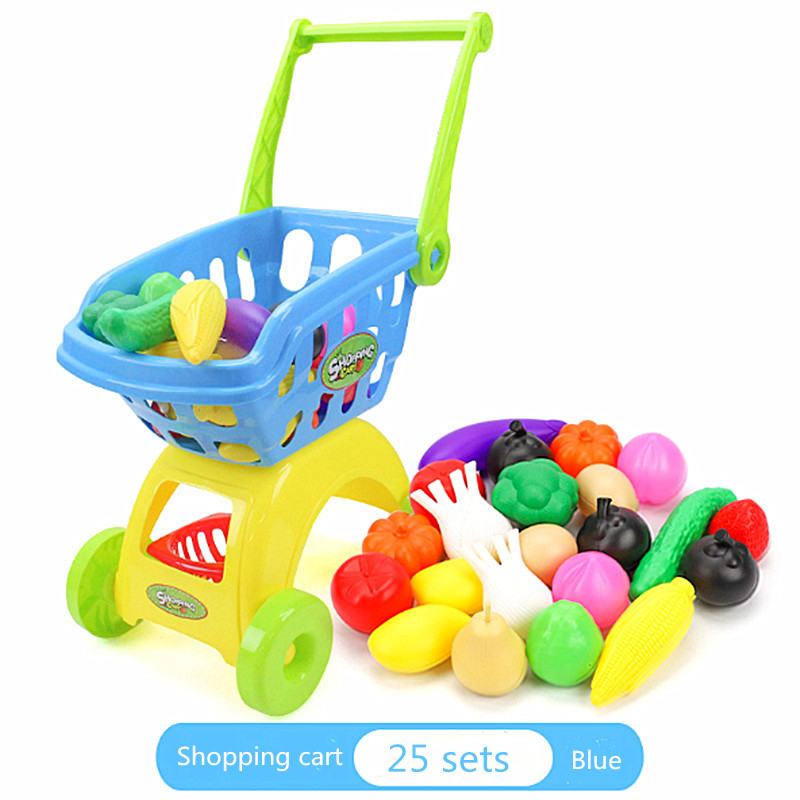 25Pcs Kids Shopping Cart Toy Supermarket Trolley Groceries Cart Play House Kitchen Toy Set Simulation Fruit and Vegetable Toys