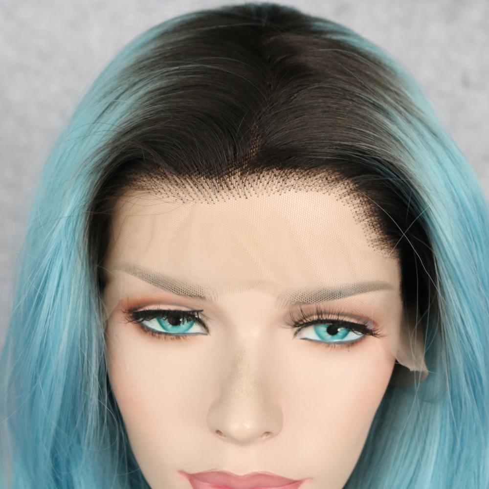 Blaue Ombre Perücke Mit Spitzenfront & Dunklen Wurzeln – Glueless, 24 Zoll Lang & Hitzebeständig