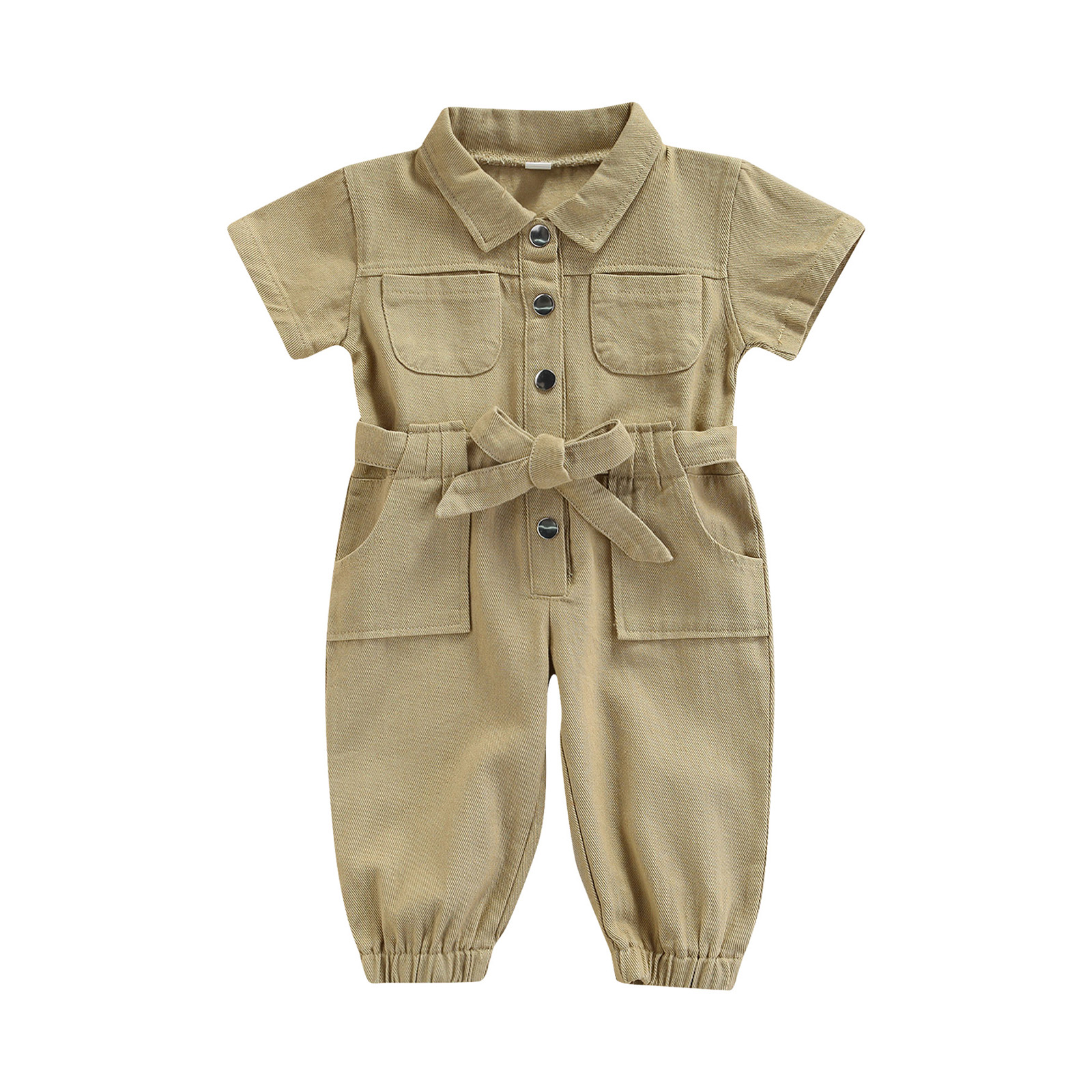 Mono vaquero para niñas de 0 a 6 años, ropa para niños pequeños de manga corta con bolsillo de solapa, pantalón largo, pelele,: Caqui / 5 años