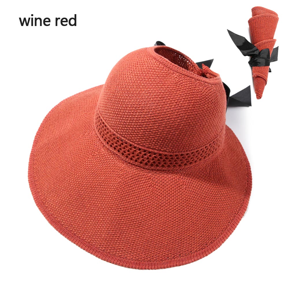 Cappello da spiaggia pieghevole portatile 2021 nuovo cappello da sole a tesa larga Bowknot visiera Casual estiva con cappuccio in paglia per cappello da donna con secchiello: wine red(62cm)