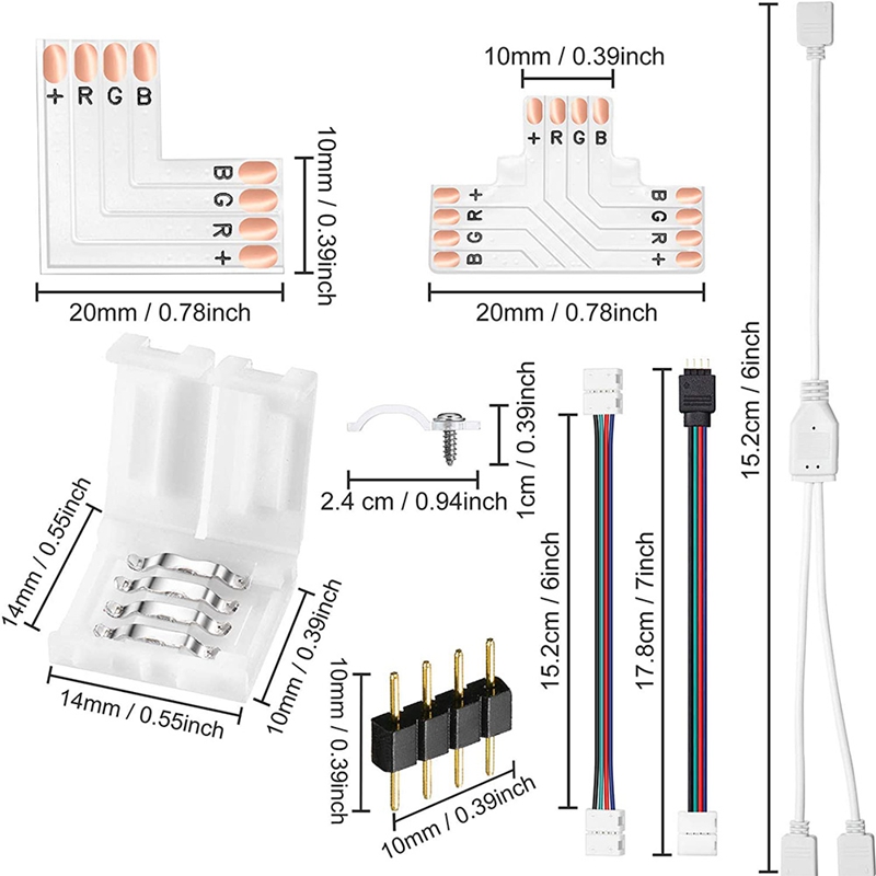 LED Strip Connector Kit, Strip Light Extension Cable Solderless Gapless Adapter Connectors For 5050 10Mm 4Pin LED Strip