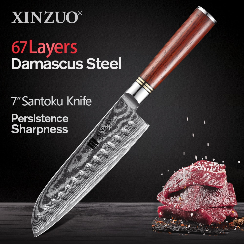 Xinzuo 7 '' inches japansk stil kokknive damask rustfrit stål køkkenkniv santoku kniv palisanderhåndtag