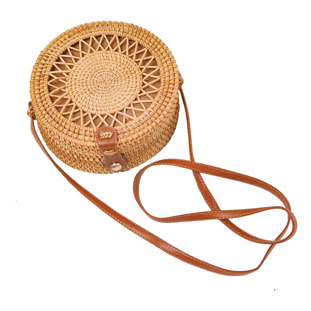 Bolso de mimbre tejido a mano, bolso de mimbre redondo para mujer, bolso de paja de diagonal, mochila de picnic para vacaciones en la playa