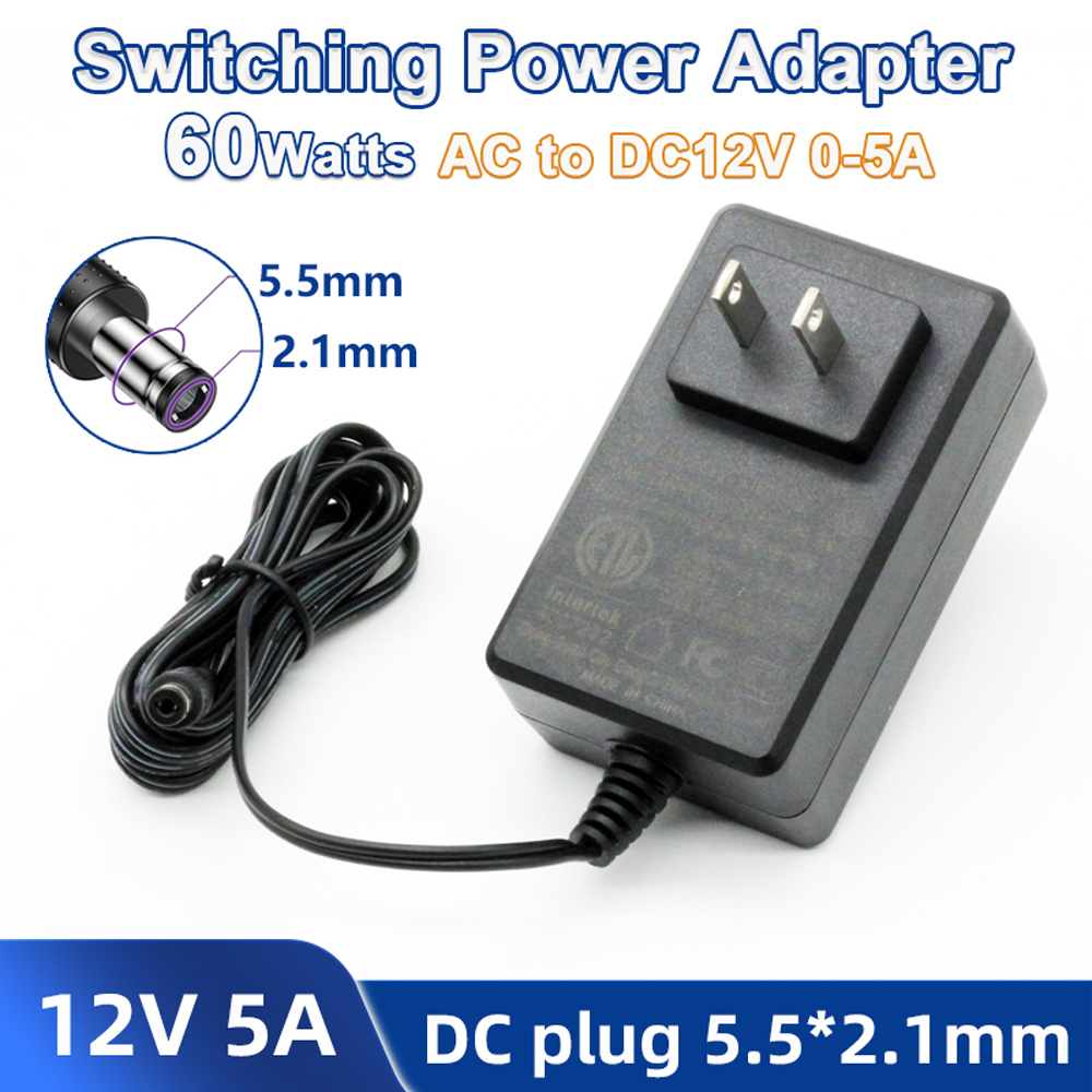 US high power adapter AC100-240V to DC12V 12W/36W/60W 1A3A/5A 5.5x2.1mm DC power plug for router LED light strips, etc.