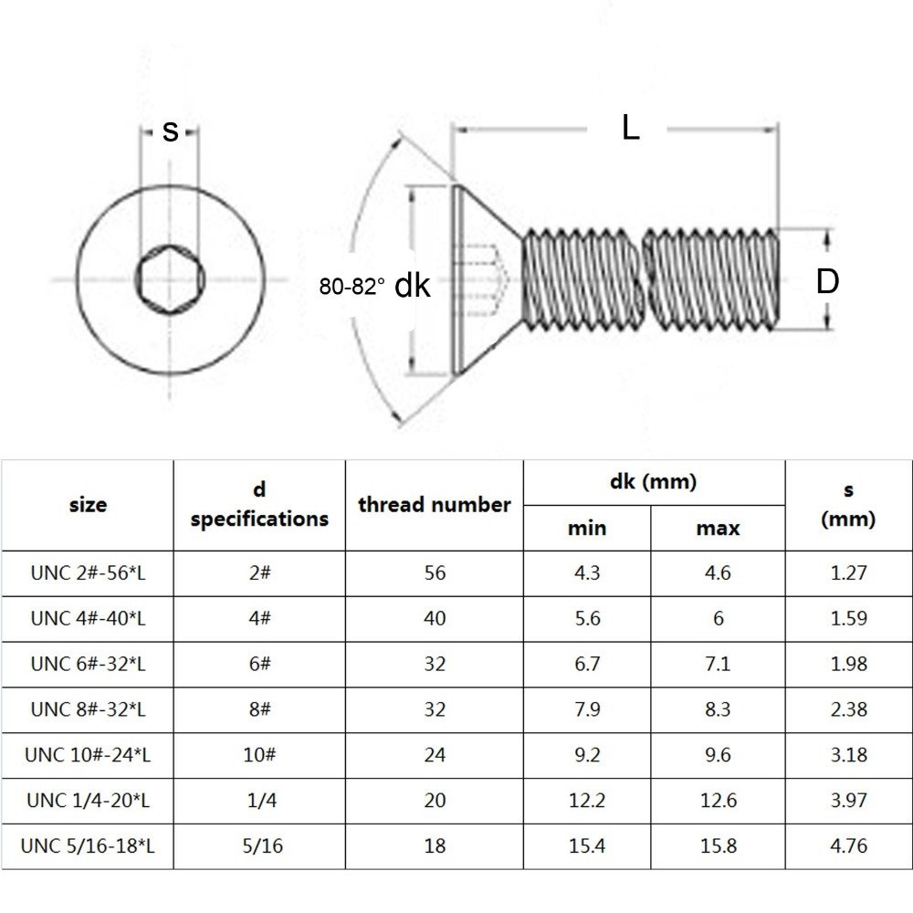 Vis à tête fraisée plate UNC 1/4 – 20 US, filetage de vis, acier inoxydable 304, douille hexagonale, boulon à tête fraisée plate