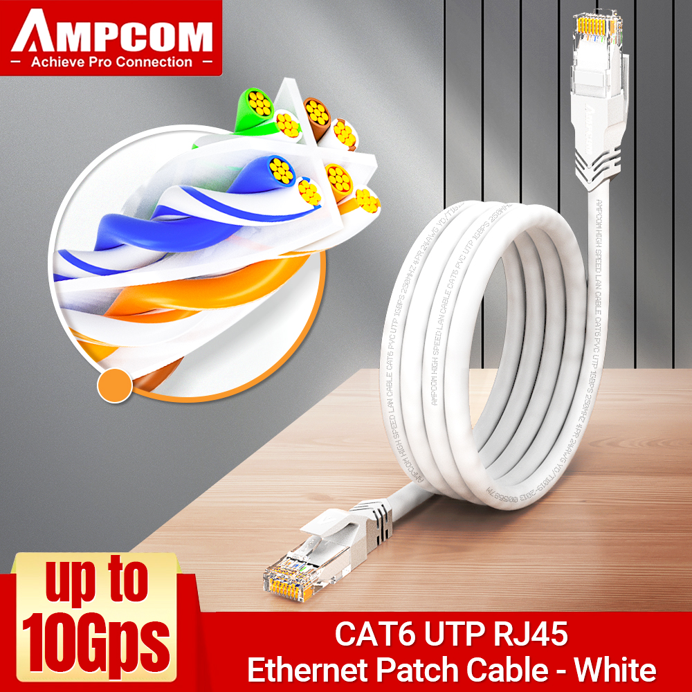 Kabel Ethernet AMPCOM RJ45, kabel Cat6 Lan (24AWG) UTP CAT 6 RJ 45 Kabel sieciowy Patch Cord do komputerów stacjonarnych Modem Router: Niebieski / 2M