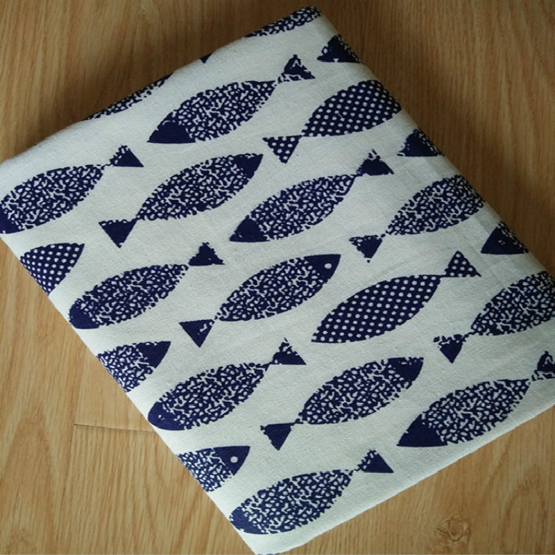 Blue white porcelain fish printed linen linen fabric pillow tablecloth canvas fabric handmade DIY crafts cotton and linen fabric