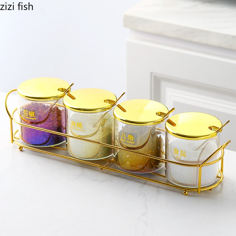 Transparent Glass Seasoning Jar with Golden Lid Household Salt Sugar Chili Jar Sealed Jam Jar Kitchen Storage Container