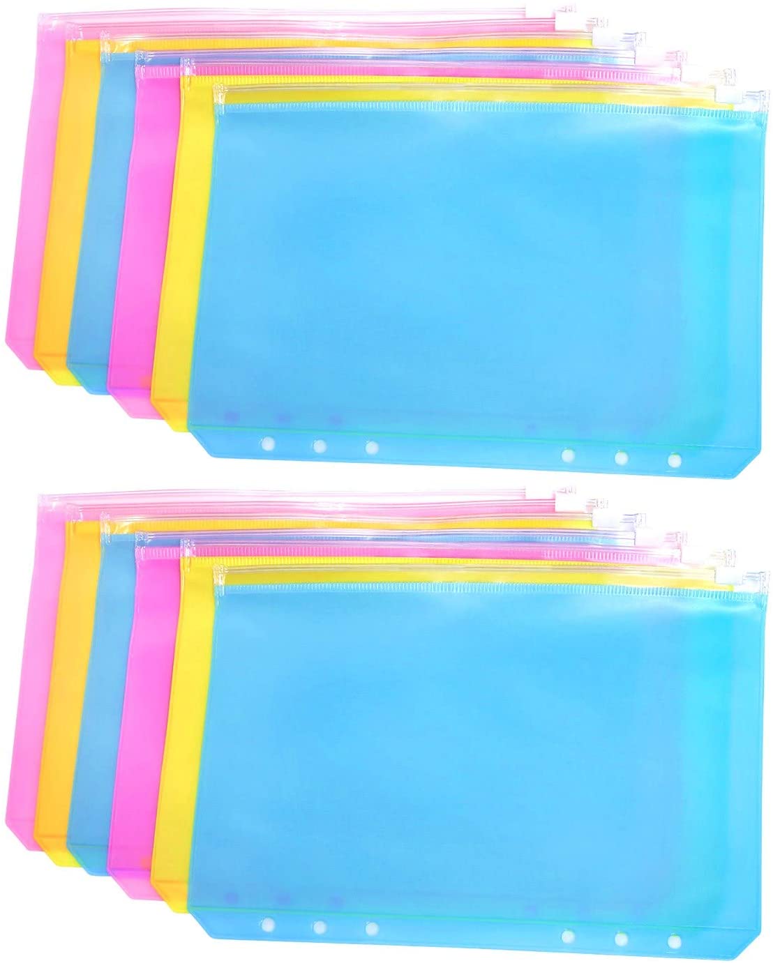 12 Pack A5 Binder Pocket 6 Holes Zipper Folders Bags For 6-Ring Notebook Loose Leaf Colorful Waterproof PVC Pouch