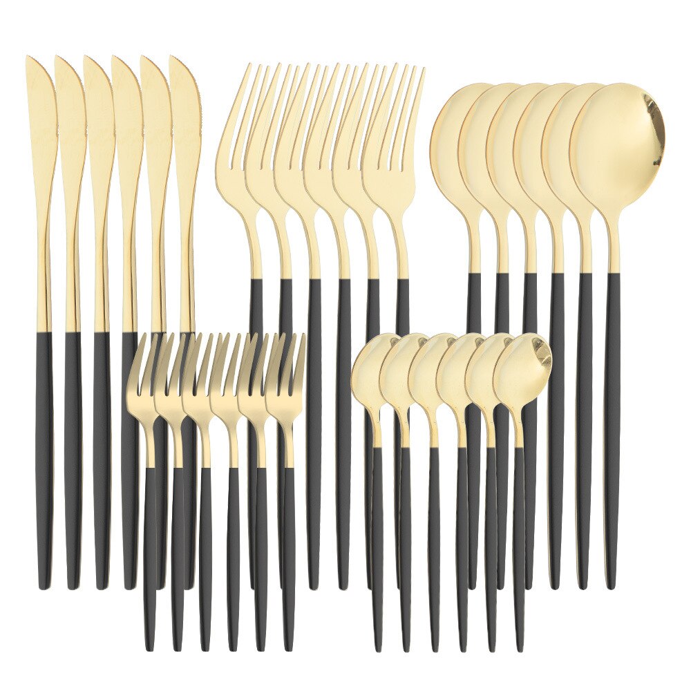 Lidafish 30 sztuk ze stalowa zastawa stołowa zestaw kuchnia luksusowe obiadowy zestaw noży widelec łyżka sztućce obiadowe zestaw: 30pcs-Black gold