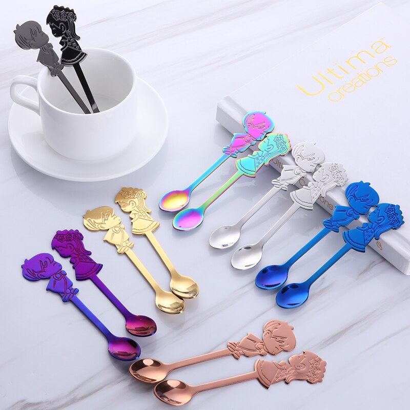 Cucharas de café románticas para pareja, cucharillas de té de colores, cubertería pequeña plateada, cuchara de postre de pastel dorado para I &amp; U, 2 uds.