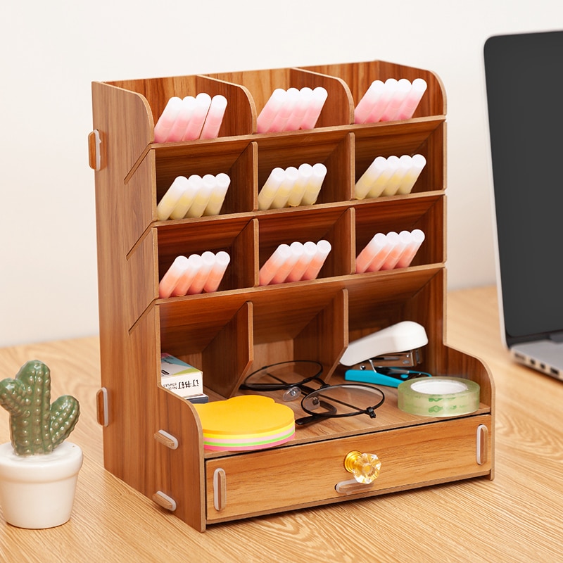 Wooden Desk Organizer Multi-Functional DIY Pen pencil Holder Box Desktop Stationary Home Office Supply Storage Rack