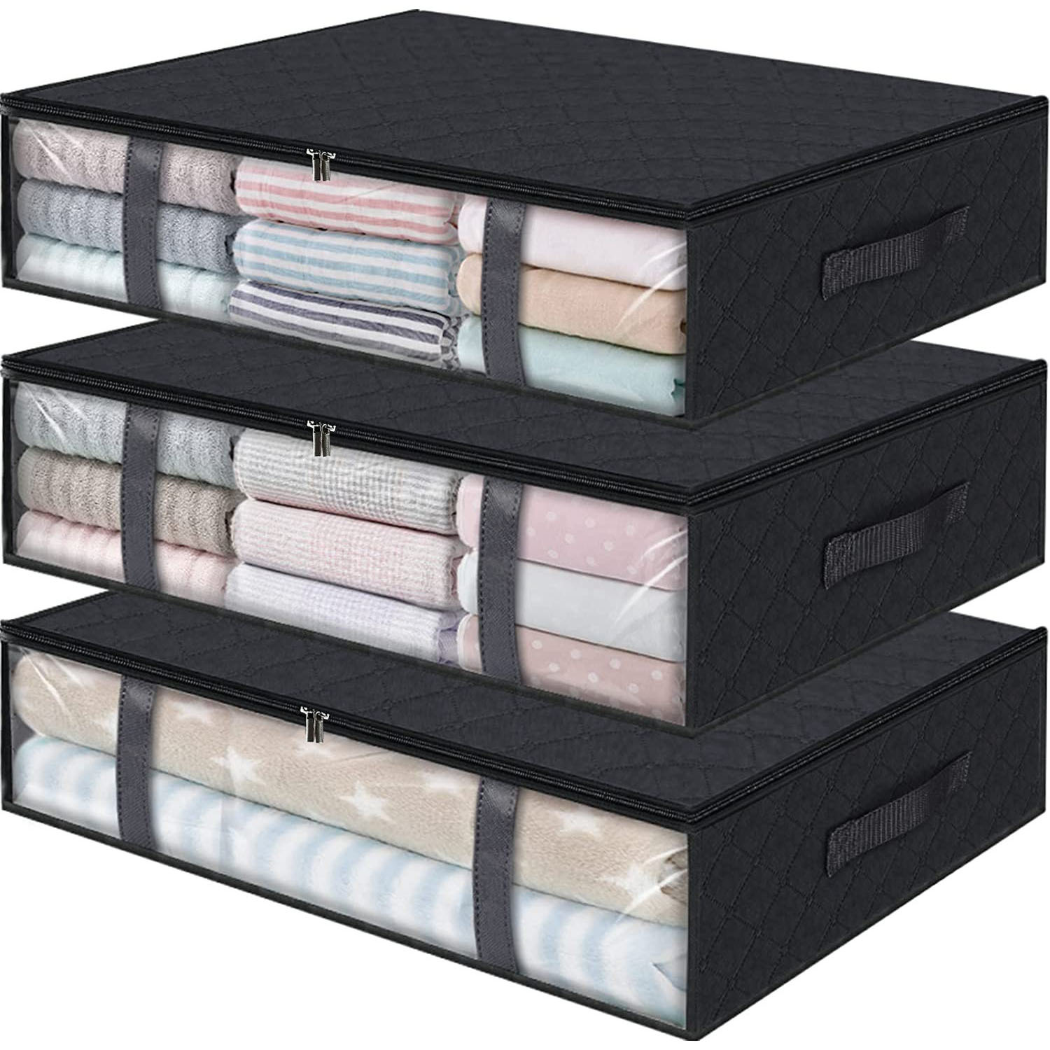 90L Sturdy Under Bed Storage Containers Organizer Large Capacity Clothes Bins and Bedroom Foldable Storage Bag with Clear Window: MULTI