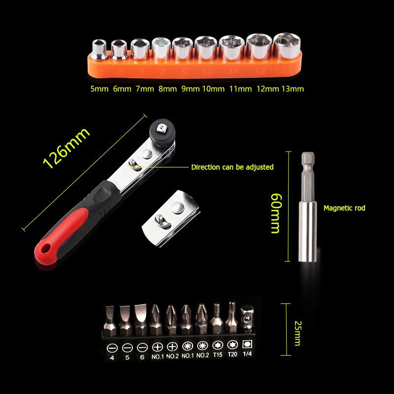 20pcs Universal Adjustable Torque Wrench Hexagonal Key Wrench Screwdriver Set Ratchet Socket Spanner Extension Bar Hand Tool