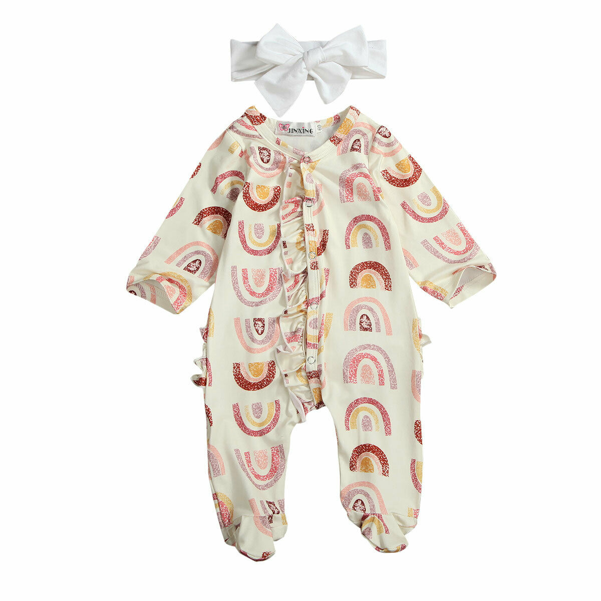 neugeborenen Baby Footies Gesamt Baumwolle Komfortable Langarm Rüschen Regenbogen Drucken Gesamt + Bogen Stirnband Outfit 2Stck