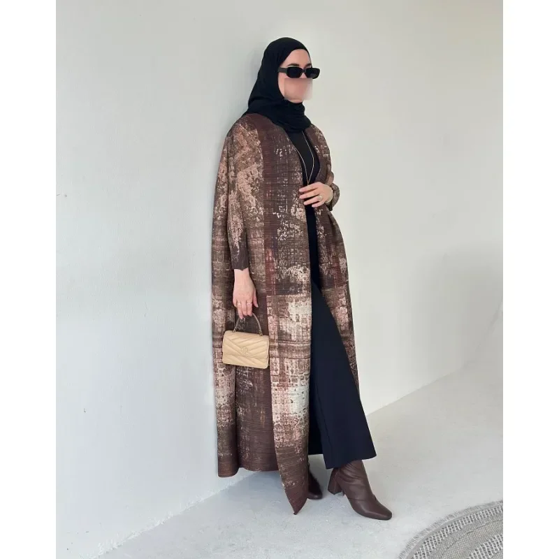 KAF Plissee Frauen Graben Mantel Jahrgang Gedruckt Strickjacke verlieren Plus Größe Frauen Lange Kleid Dubai Weibliche Luxus Abaya 2024