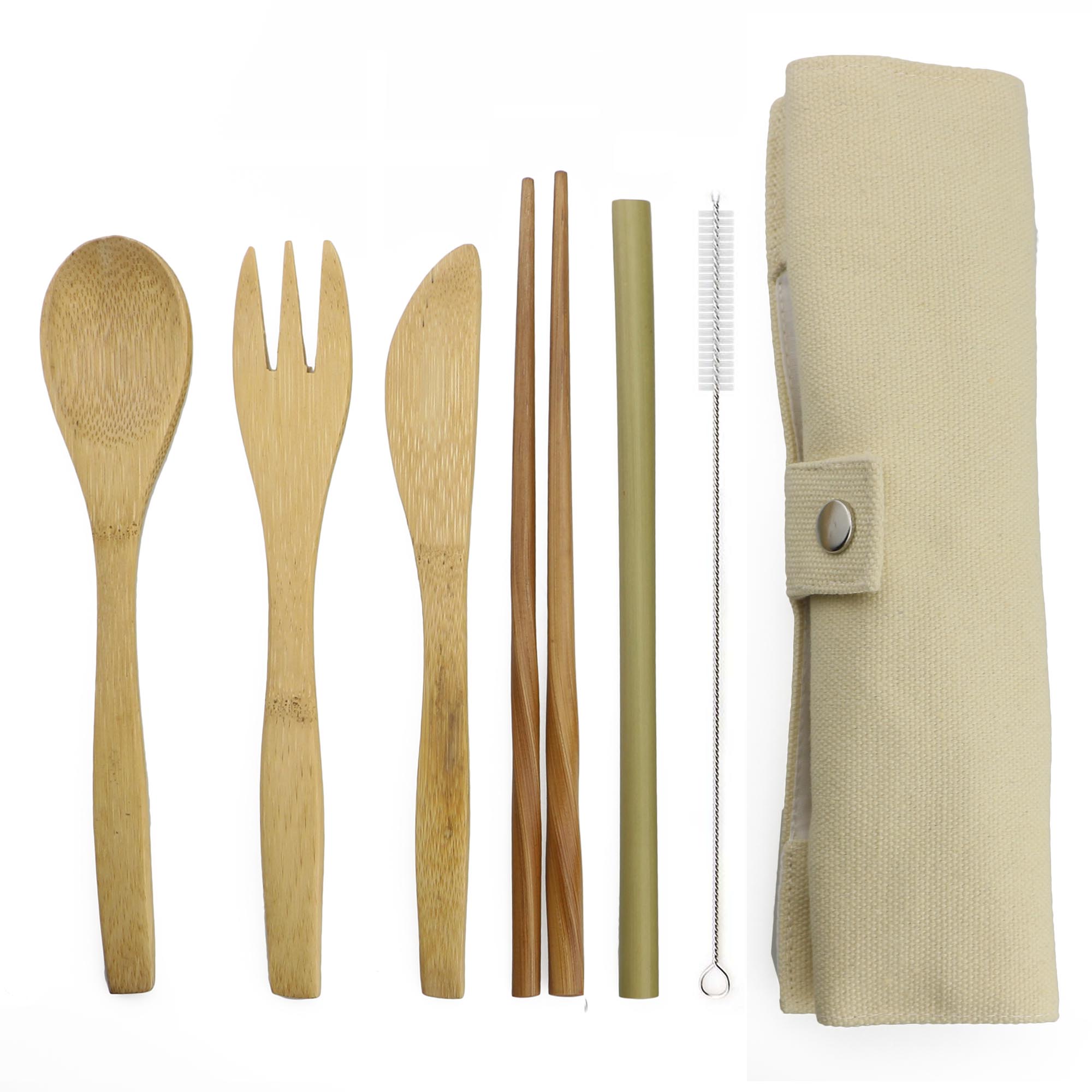 7-Piece Wooden Flatware Cutlery Set Bamboo Straw Set With Cloth Bag Knives Fork Spoon Chopsticks Travel: 6set / Beige
